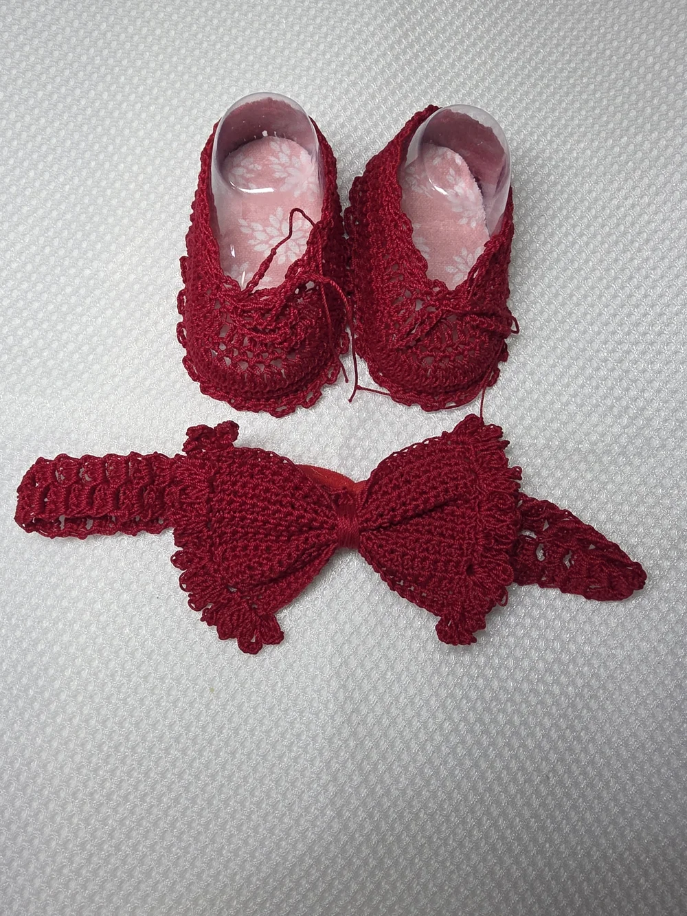 Handmade  Crochet Baby Booties with Floral Headband Set Pink,red,cream,white